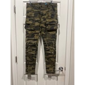Hyper Denim Mens Slim Fit‎ Distressed Camo Cargo Pants Green Camouflage Size 32
